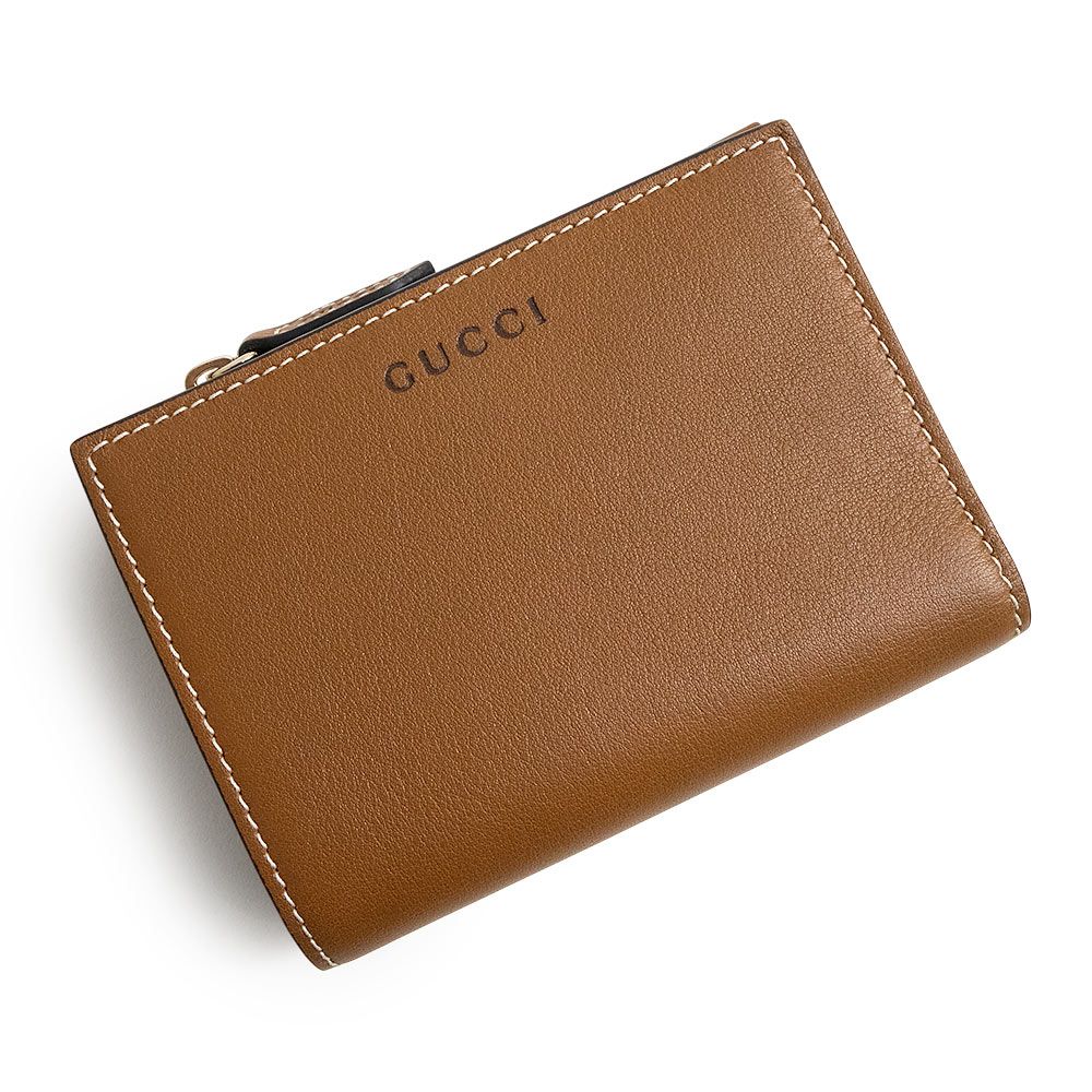 グッチ 826718 GGエンブレム ミディアム ジップウォレット スムースレザー GGスプリームキャンバス ブラウン ベージュ 二つ折り財布 ゴールド金具 箱付 GUCCI（新品・未使用品）
