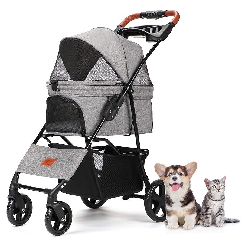 Aikenn ペットカート 犬用ベビーカー 小型犬 折り畳み犬用カート ペットキャリーカート ペットバギーミニ 4輪タイプ 犬介護用カート 猫犬兼用 前輪360°回転 後輪ブレーキ付 飛び出し防止 軽量 ワンタッチ開閉 組み立て簡単 耐荷重15KG 犬用おでか