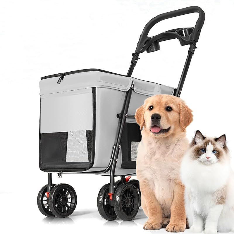 OXSITO ペットカート 中型犬 小型犬 猫 多頭用 大空間 折り畳み簡単 軽量コンパクト犬用カート前輪360°回転 後輪ブレーキ 飛び出し防止リード付き 介護/旅行/散歩用 おしゃれ ペットバギー