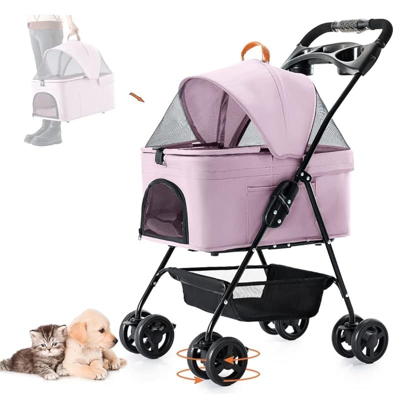 HRking 分離型 ペットカート 2Way 軽量 折りたたみ 犬用ベビーカー 猫 小型犬 多頭用 ペットキャリー 4輪360°回転 多機能 取り外し可能 ペットバギー 組み立て簡単 お出かけ 介護用 旅行 ペット用カート 耐荷重15KG (濃いピンク)