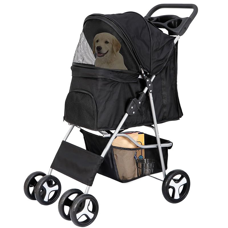ペットカート 多頭用 犬 バギー ベビーカー 4輪 折りたたみ ドックカート ペットバギー 耐荷重15kg 猫 小型犬 中型犬 老犬介護 収納カゴ ドリンクホルダー 飛び出し防止リード付き 軽量 お出かけ 公園散歩 ショッピング 旅行 通院 トリミング 外出便
