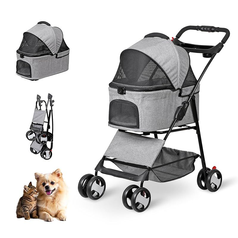 Foldable Pet Stroller ペットカート ペットベビーカー 4輪 折りたたみ 猫 犬用カート 犬 バギー キャリア ペットバギー トラベルキャリア 取り外し可能なコット 多頭 耐荷重20kg 小型犬 中型犬 老犬介護 防水 軽量 収納カゴ ドリ