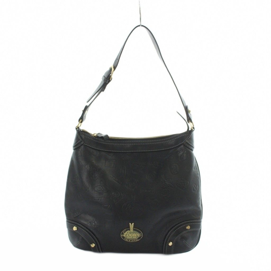 ロエベ LOEWE 160 ANIVERSARIO ショルダーバッグ レザー ロゴ ゴールド金具 総柄 黒 ブラック ■GY11 /MQ ■OH