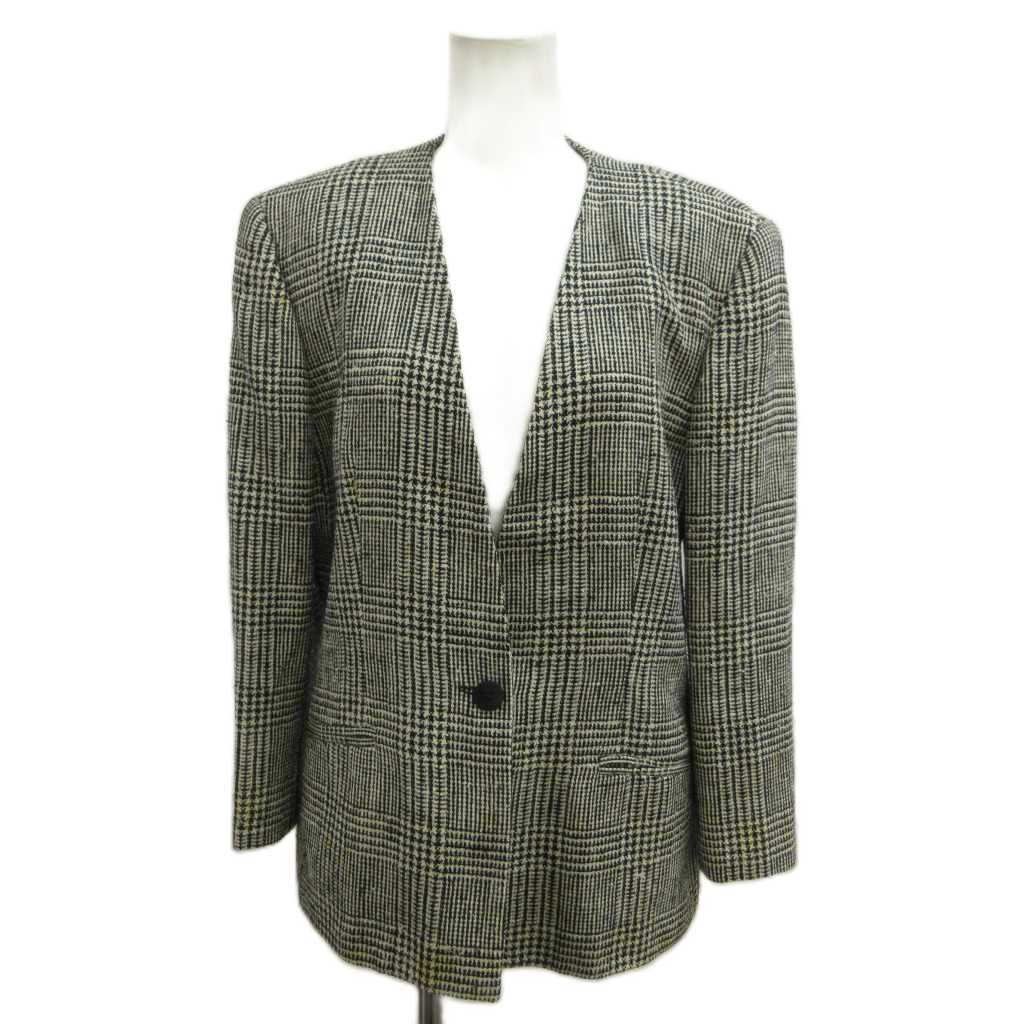 グッチ GUCCI ノーカラージャケット 上着 絹 シルク 42 黒 ブラック グレー グレンチェック柄 長袖 /PP ■GY18