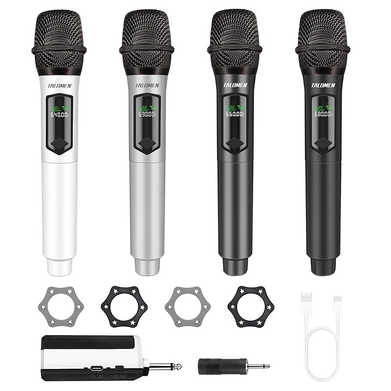 TALOMEN ワイヤレスマイクシステム 4 つの手持ち型カラオケ無線マイク 固定周波数 160Ft ムービングコイルマイクロフォン 6.35mm レシーバー付き プレゼンテーション/教会/カラオケ/結婚式/でき事/パーティー用 K604-WSGB
