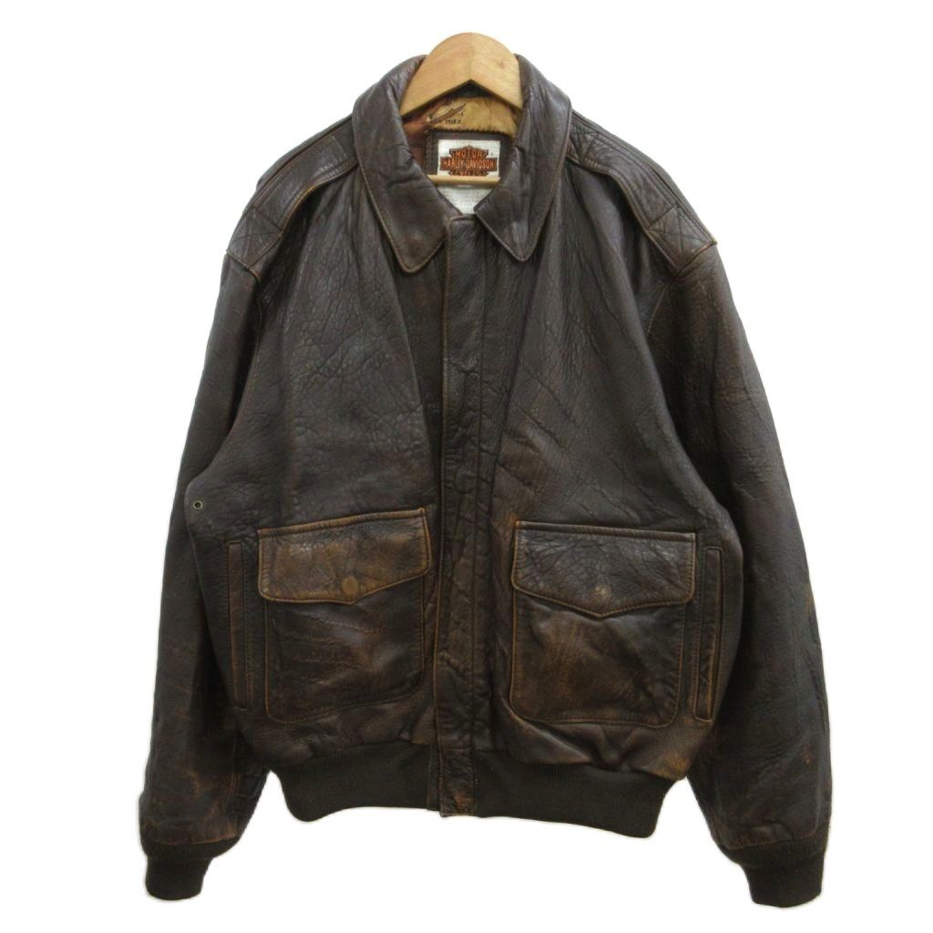 ハーレーダビッドソン HARLEY DAVIDSON A-2 フライトジャケット ラムレザー 本革 上着 40 こげ茶 ダークブラウン 無地 長袖 ポケット付き /PP ■GY18