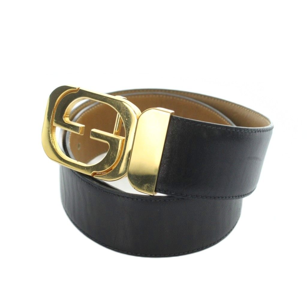 グッチ GUCCI インターロッキングG ベルト ゴールド金具 GGバックル レザー ロゴ 黒 ブラック ■GY17 /MQ ■OH