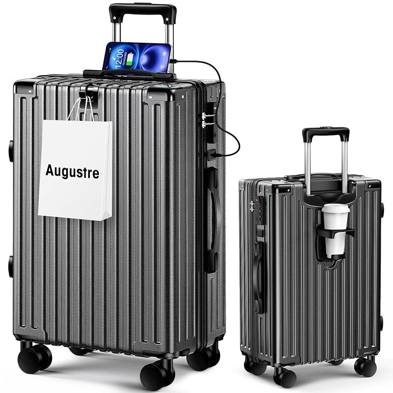[Augustre] スーツケース 機内持ち込み 超軽量 キャリーケース 大型 軽量 多機能 キャリーバッグ 静音 耐衝撃 ダブルキャスター S/M/Lサイズ カップホルダー付 USB充電機能 隠しフック機能 360度回転 TSAローク搭載 ファスナー式 旅行