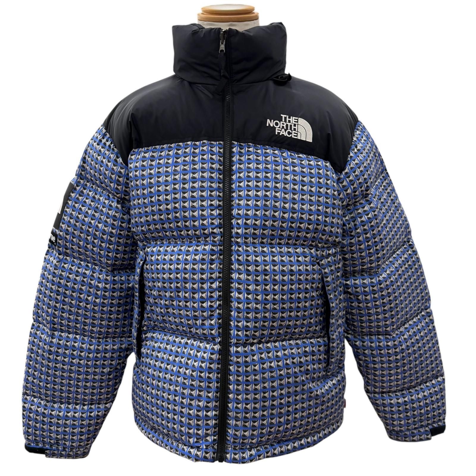 美品▼Supreme THE NORTH FACE シュプリーム ザ ノースフェイス 21SS ND42100I Studded Nuptse Jacket ナイロン ダウン ダウンジャケット ブルー ブラック M 正規品 メンズ