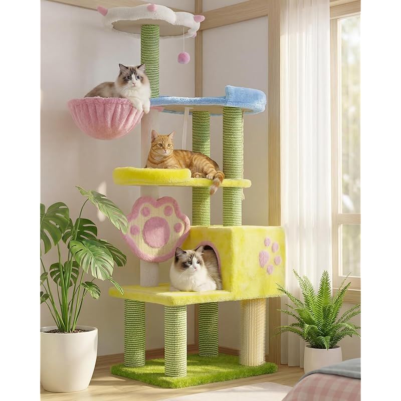 Heybly キャットタワー おしゃれ かわいい猫の爪デザイン 人気猫タワー 据え置き型 高安定性 SNS映え 高さ160cm 広々猫ハウス ハンモック 猫の爪形スクラッチ板 トッププラットフォーム 全包みサイザルロープ グルーミングブラシ付き 装飾性ペット家