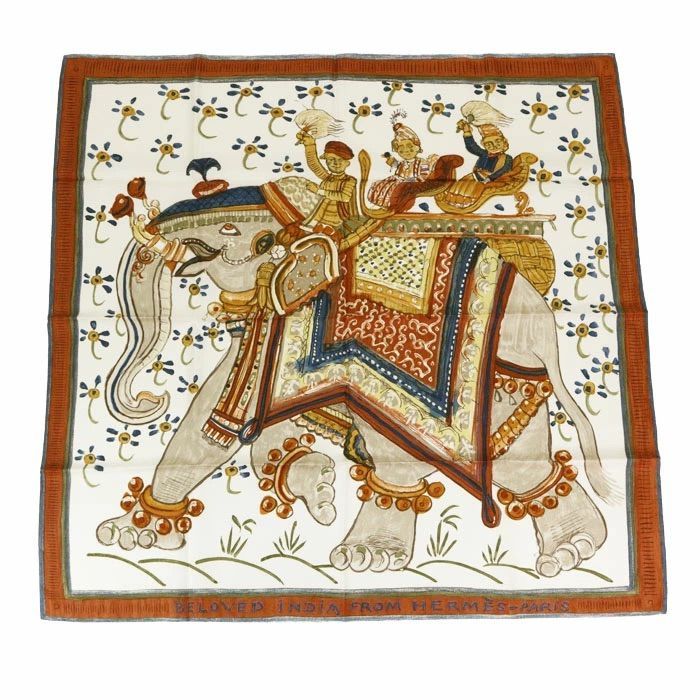 エルメス HERMES スカーフ カレ 90 シルク100％ BELOVED INDIA 深いインドの愛 バンダナ ショール 象 民族 レディース ブラン(ホワイト) コニャック(ブラウン) アルドワーズ(グレー) 正規品 新品同様 中古 mbz04006