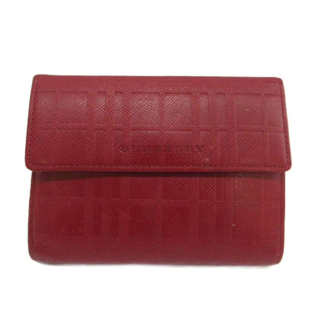 バーバリー BURBERRY 財布 二つ折り がま口 レザー チェック柄 ロゴ 型押し 赤 レッド /XZ ■GY18
