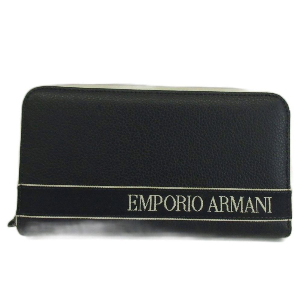 エンポリオアルマーニ EMPORIO ARMANI 長財布 レザー ラウンドファスナー ライン ロゴ 紺 ネイビー 白 ホワイト /XZ ■GY18