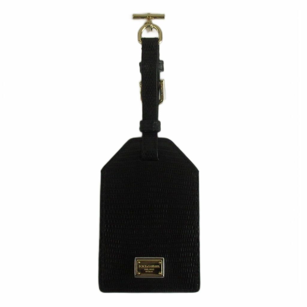 ドルチェ&ガッバーナ ドルガバ DOLCE&GABBANA ネームタグ ラゲッジタグ レザー リザード型押し ロゴプレート ゴールド金具 黒 ブラック /XZ ■GY11