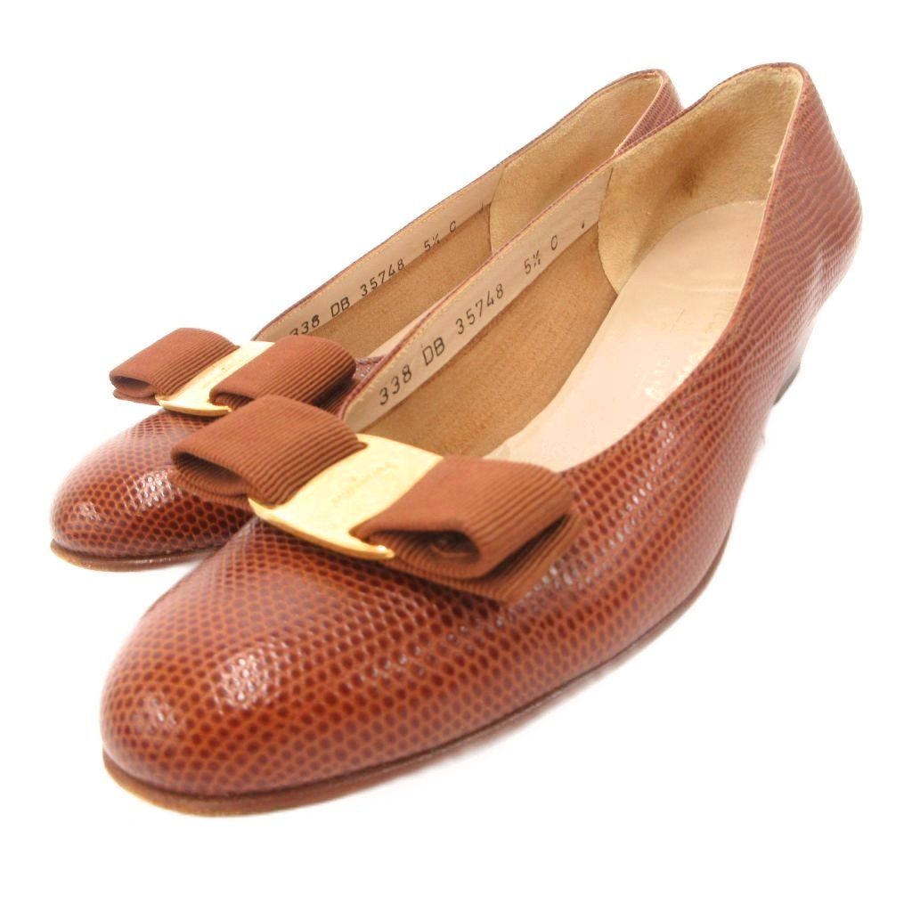 サルヴァトーレフェラガモ Salvatore Ferragamo ヴァラリボン パンプス レザー リザード型押し 5.5 茶 ブラウン /JS ■GY50