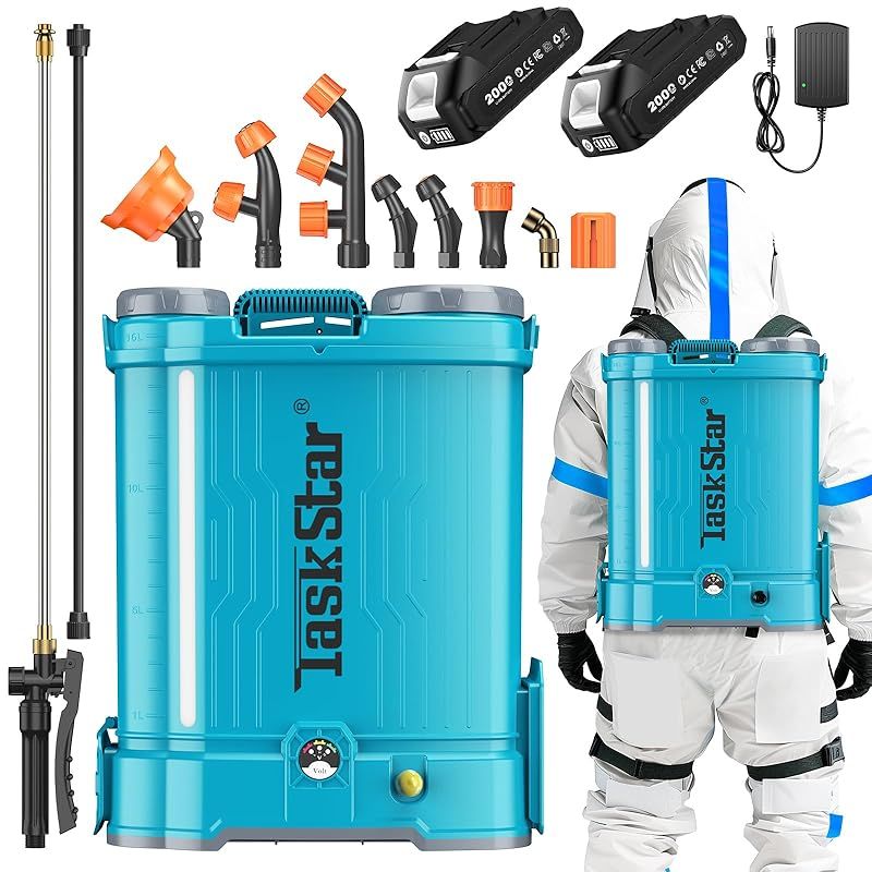 TaskStar 電動噴霧器 充電式 16L 背負 連続自動スプレー 6種類ノズル 2個伸縮パイプ 2個バッテリー 圧力調整 低騒音 小型軽量 除草 防除 害虫駆除 消毒 掃除 家庭菜園 園芸 農薬 肥料 散水 家庭用