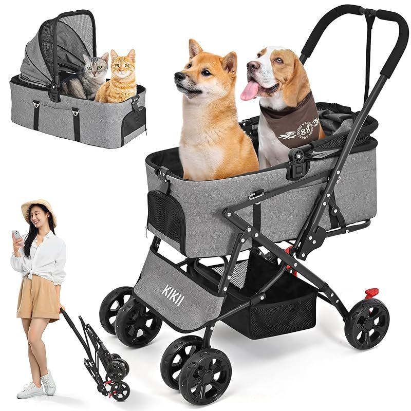 KIKII ペットカート 犬用ベビーカー 犬 猫バギー 分離型 4輪 小型犬 中型犬カート 多頭 軽量コンパクト リード2本付き 前輪360°回転 後輪ブレーキ付 レインカバー付き 介護用 折りたたみ 組み立て簡単 耐荷重25Kg (灰色)