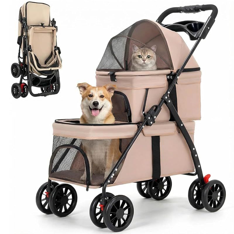 MODONG ペットカート 2段式 犬 カート ペットかーと折たたみ可能 小型犬 前輪360°回転 後輪ブレーキ付 組み立て簡単 耐荷重20KG 猫 小型犬多頭 通院 散歩 介護用 収納便利 (カーキ)