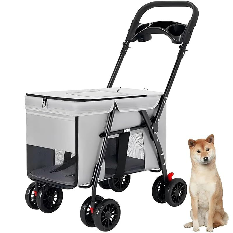 LOOPFKL ペットカート 中型犬 小型犬 バギー 折り畳み 多頭 猫 コンパクト 軽量 ペットバギー 組み立て簡単 4輪 前輪360°回転 後輪ブレーキ付き 耐荷重55Kg カップホルダー、フックなど付属 ペットカート (グレー)