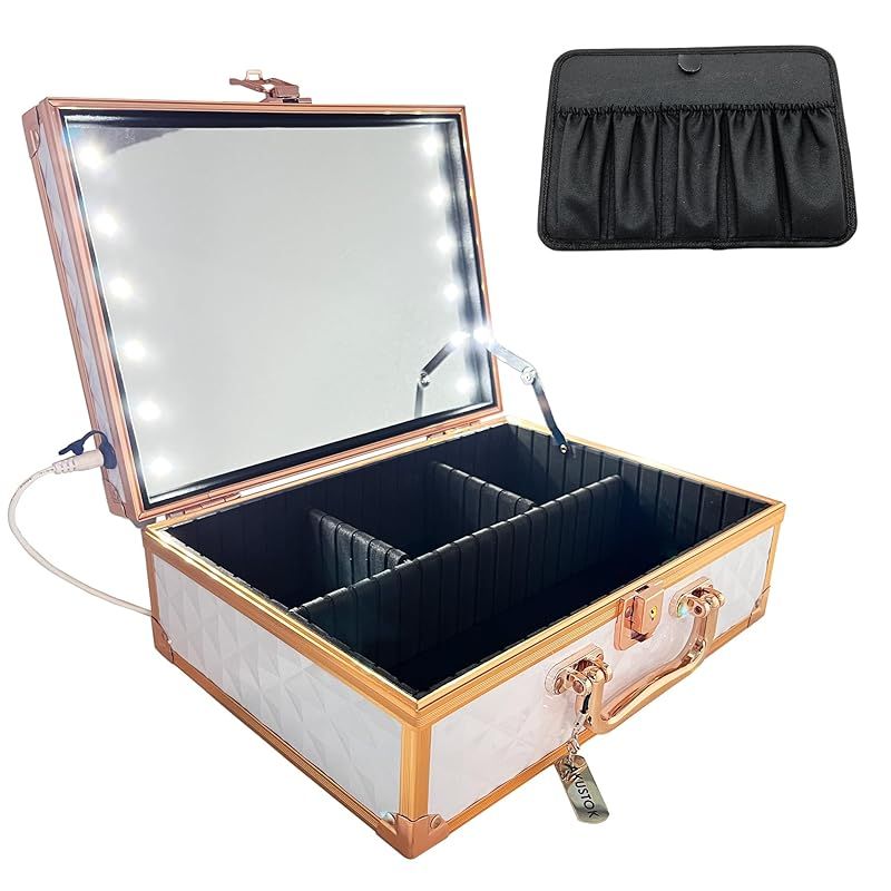AKUSTOK メイクボックス 鏡付き LED照明 持運び 大容量 プロ用 USB接続 ブラシホルダー (Rose Gold)