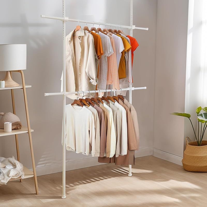 IMIEE ハンガーラック 突っ張り ツッパリハンガーラック 洋服ラック 服掛け ダブル ワイドタイプ 縦横伸縮 頑丈 洗濯物干し 室内 スリム 部屋干し clothes rack 大容量 衣類収納 省スペース 組立かんたん 工具不要 耐荷重90kg 横100