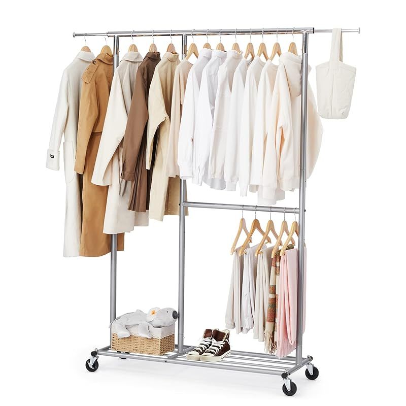 HOKEEPER ハンガーラック パイプハンガーラック 耐荷重150KG 業務用 大容量 収納ラック 物干し スタンド 洋服ハンガー 衣類収納 棚付き 縦横伸縮 高さ調節可能(シルバー)