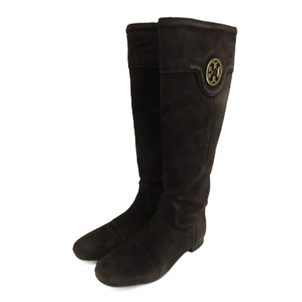 トリーバーチ TORY BURCH ロングブーツ スエード ラウンドトゥ ローヒール ロゴ ゴールド金具 6 23cm 茶色 ブラウン /XZ ■GY18