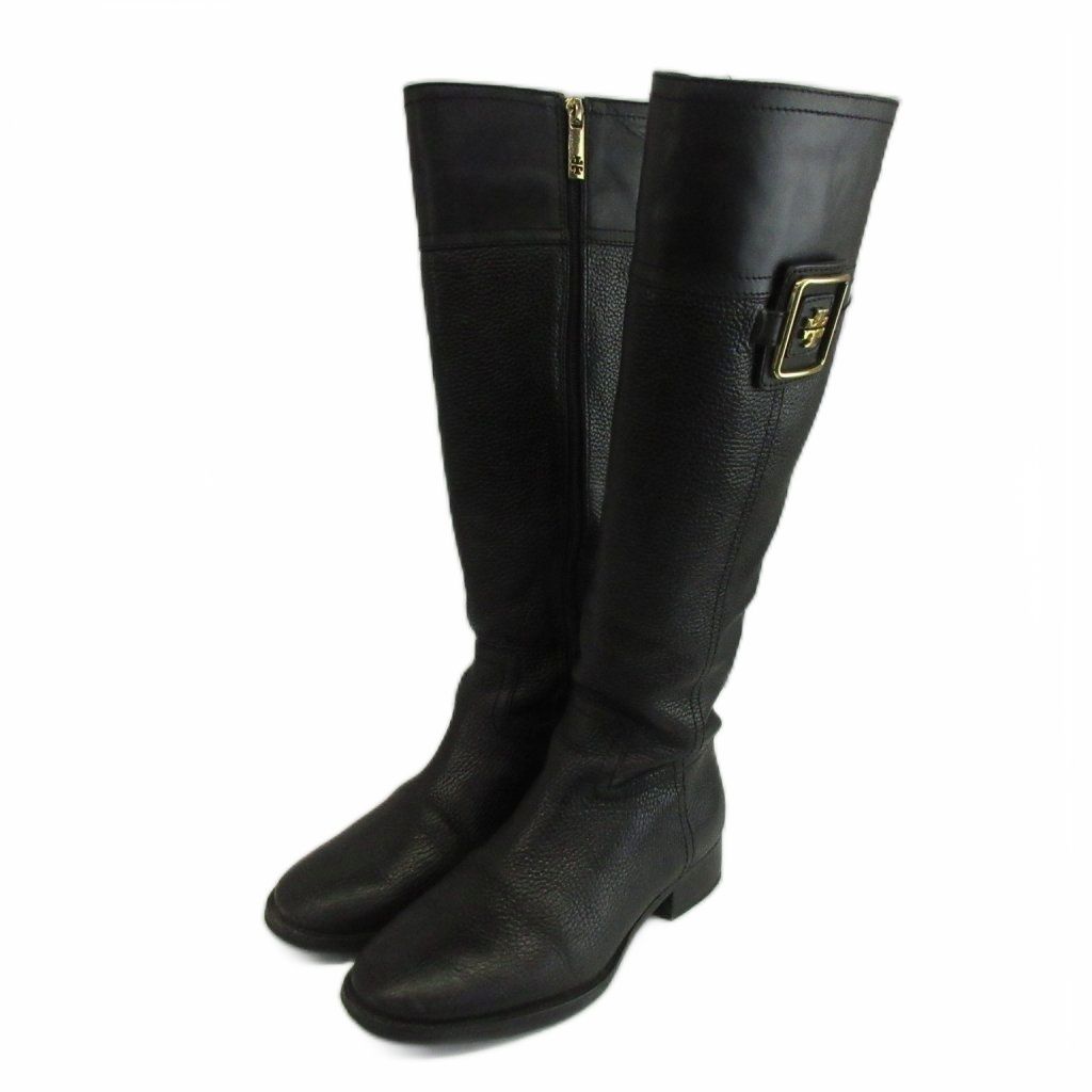 トリーバーチ TORY BURCH ロングブーツ レザー ラウンドトゥ ローヒール ロゴ スクエア型 ゴールド金具 5.5 22.5cm 黒 ブラック /XZ ■GY18