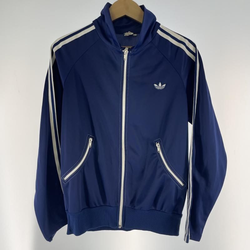 【中古】70s adidas トラックジャケット サイズ94 ネイビー 曲がりポケット レジスターマーク アディダス[19]