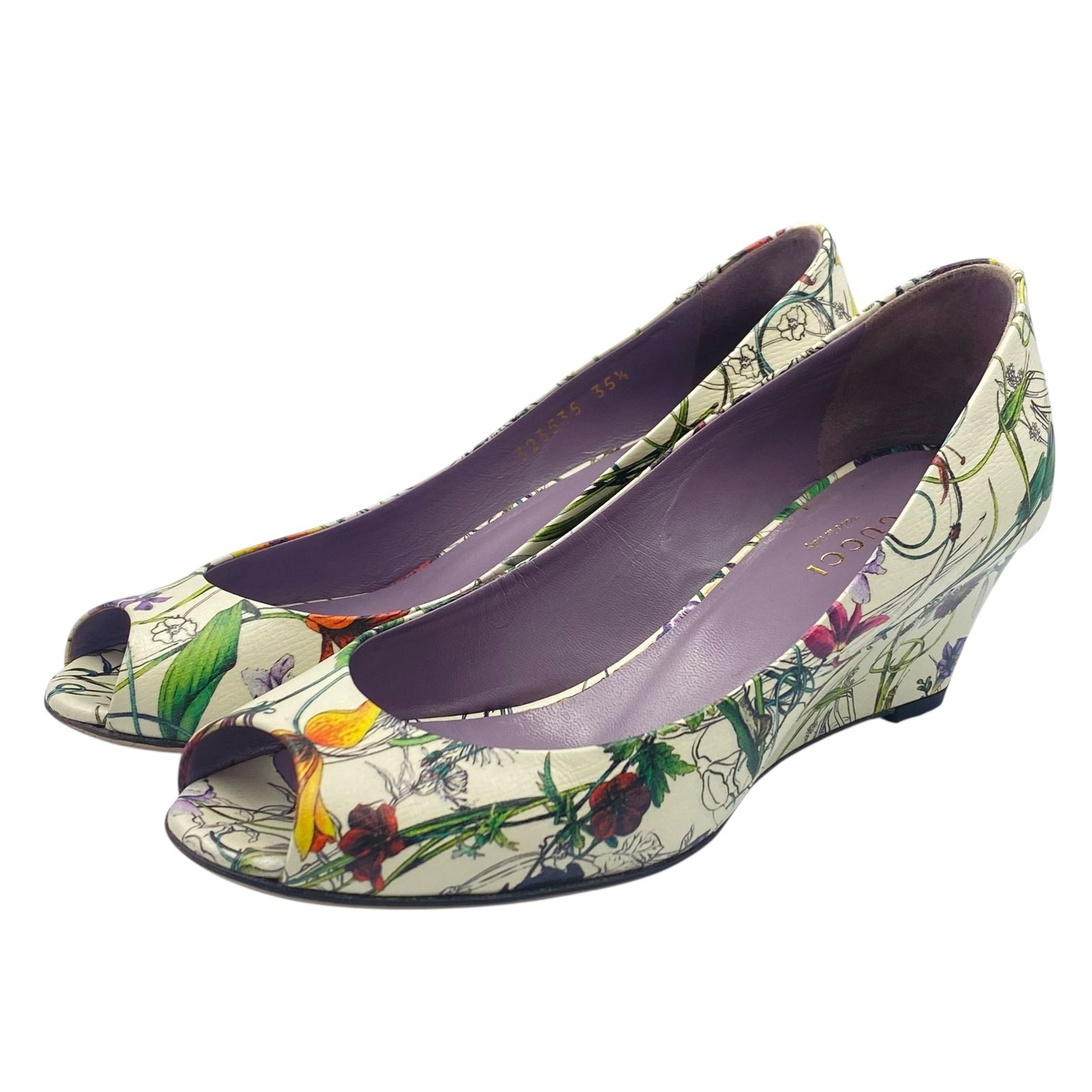 美品 GUCCI グッチ ハイヒール・パンプス レザー 花柄 ホワイト ロゴ付き