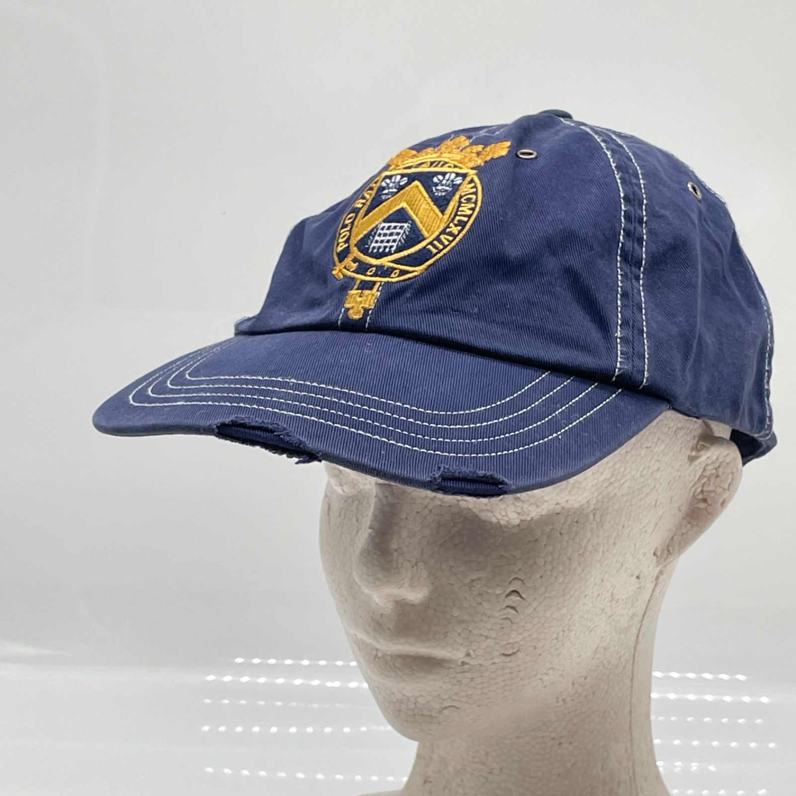 KO4308□POLO RALPH LAUREN キャップ ネイビー レザーベルト エンブレムデザイン レア 54-58cm程度