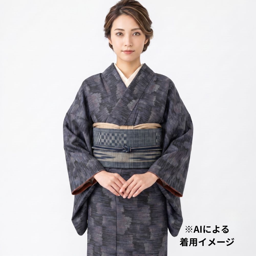 未使用 大島紬 一元式 着物 リユース 正絹 袷 幾何学絣 しつけ糸付き