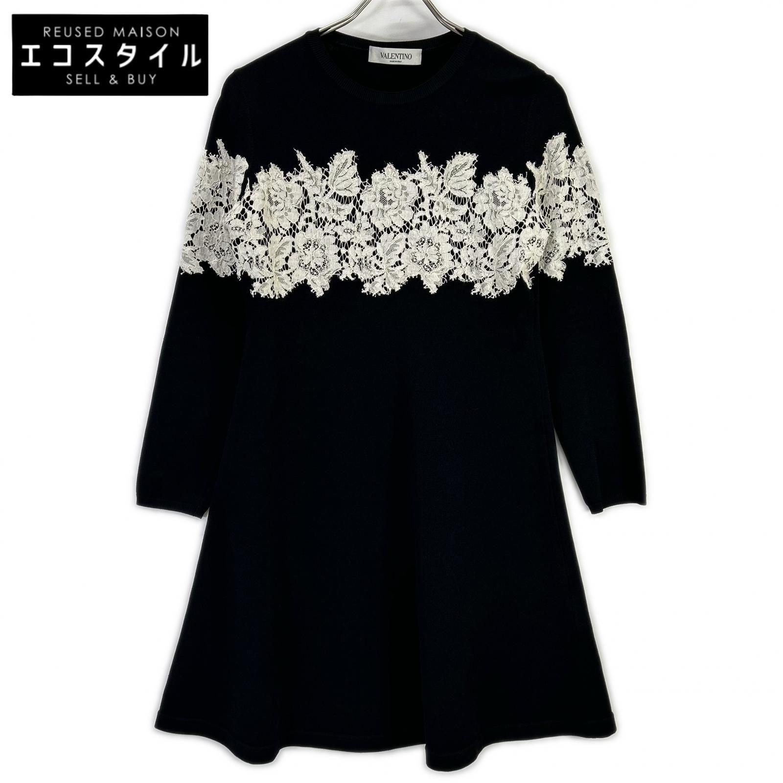 VALENTINO　ヴァレンティノ　ブラック レースデザイン ロングスリーブ ジャージー ワンピース　L