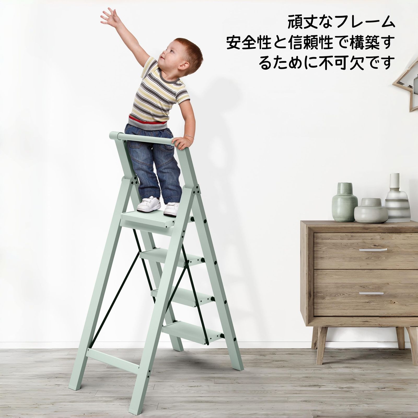 KVKTA 脚立 4段 折りたたみ 手すり付き スリム軽量 アルミ製 コンパクト薄型 パステルグリーン（仙踪緑） 室内外兼用 滑り止めステップ 耐荷重150kg 0