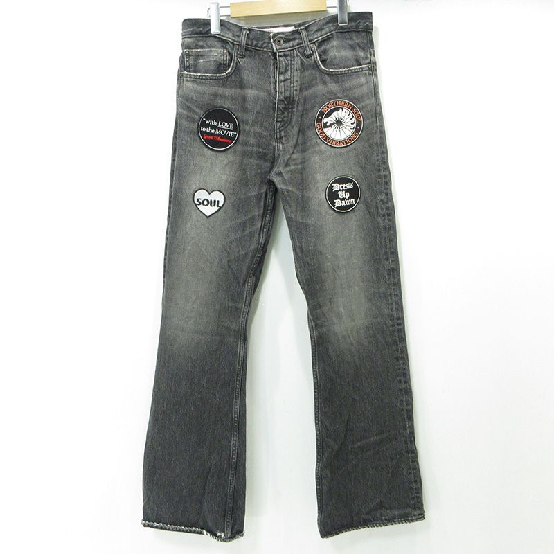 【三重本店】 中古 DAIRIKU | ダイリク NORTHERN SOUL FLARE DENIM PANTS 23AW USED加工ロゴワッペンボタンフライデニムパンツ ダメージ加工 23AW D-6 グレー ブラック系 サイズ:31 【107】