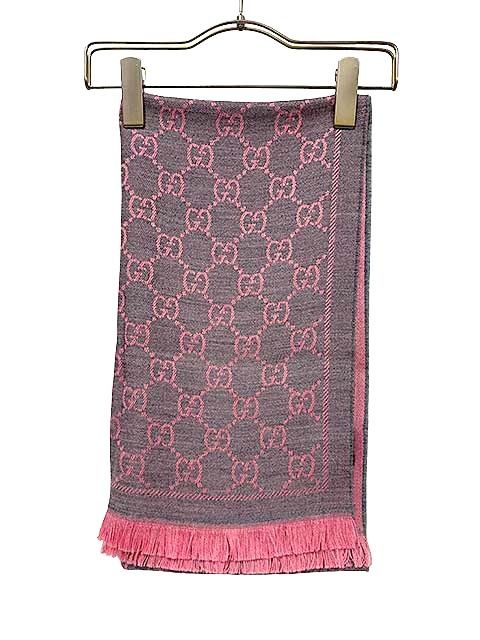 【中古】GUCCI グッチ 小物 マフラー GG柄 ウール ピンク グレー レディース＿S29＿セルモアから出品＿s-0169-r29