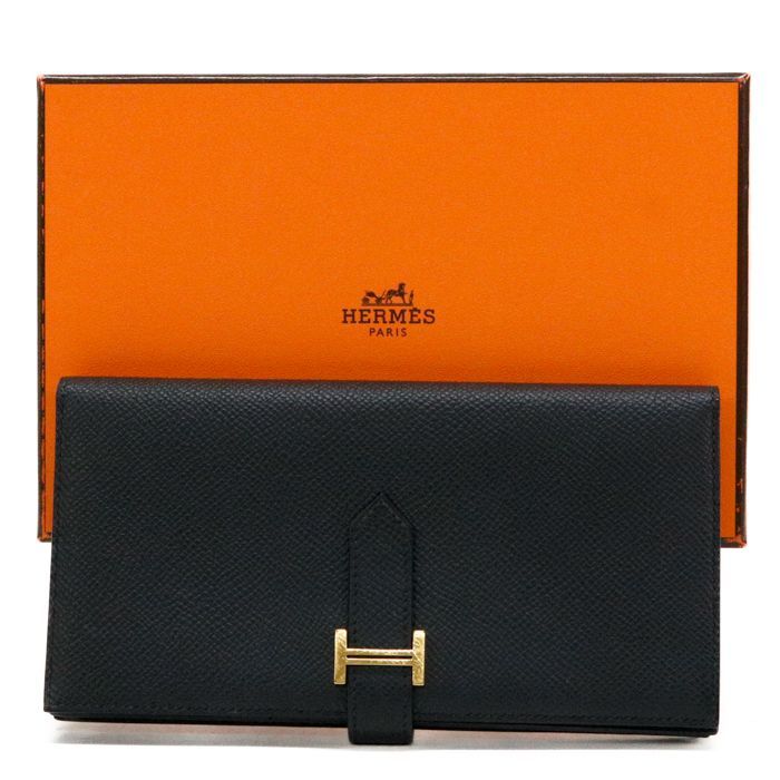 【Aランク】 エルメス HERMES ベアン スフレ エプソン (レザー) GD金具 W刻印 (2024年) 長財布 かぶせ蓋 二つ折り財布 コンチネンタルウォレット H金具 メンズ レディース ノワール (ブラック) 正規品 美品 中古 mbz15009
