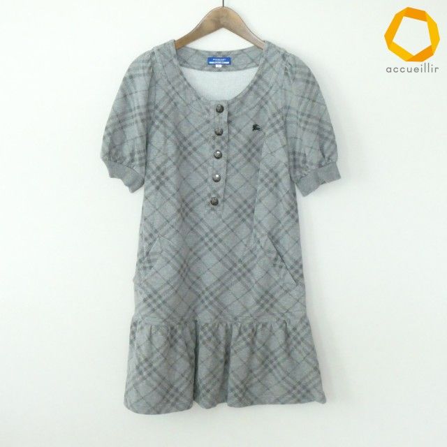 #a バーバリーブルーレーベル BURBERRYBLUELABEL ワンピース 38 グレー 綿 チェック 半袖 裾フリル レディース [988403] k01