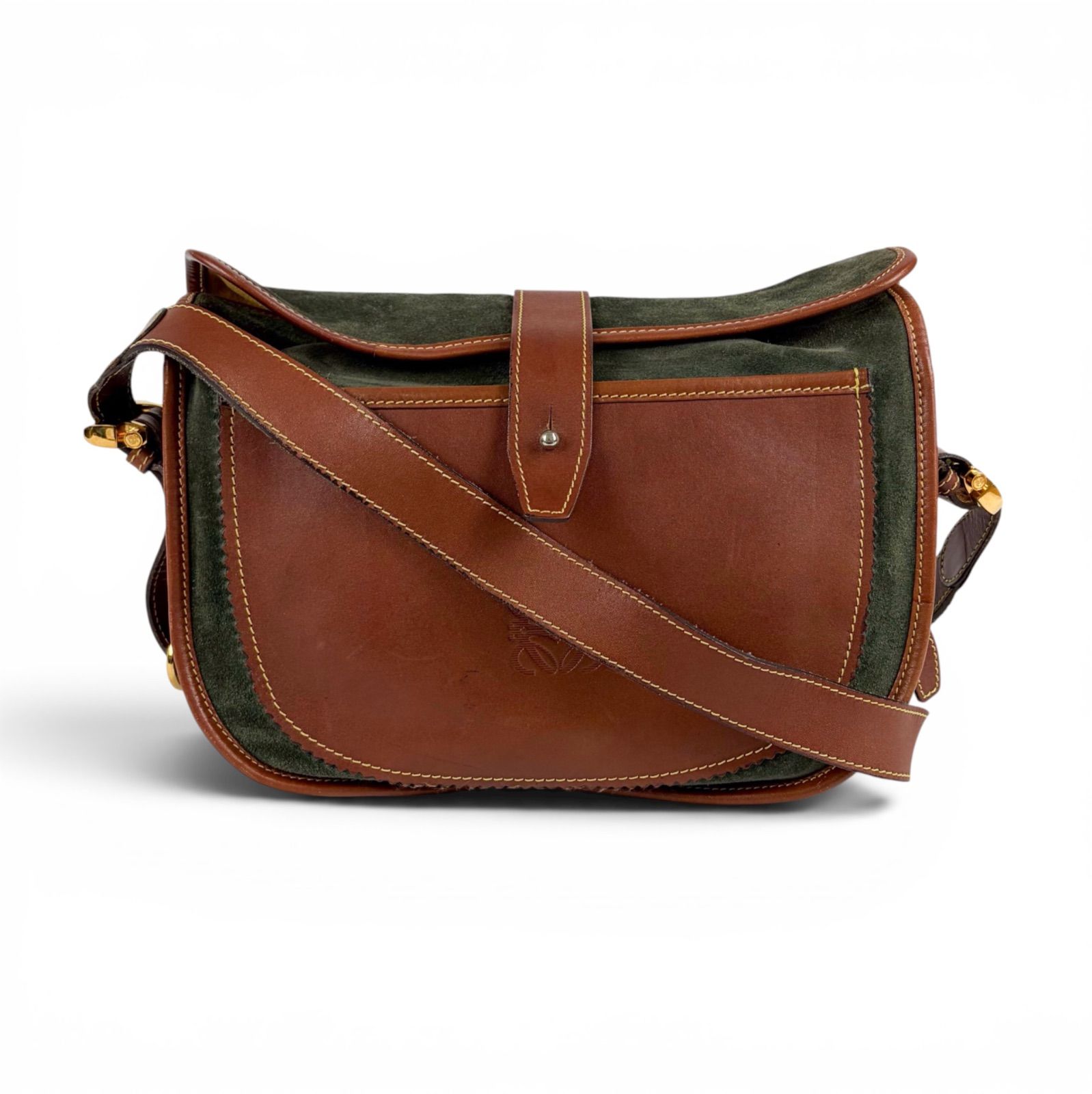 ロエベ　LOEWE アナグラムロゴ　バイカラー　ショルダーバッグ　クロスボディバッグ　ブラウン　グリーン　レザー