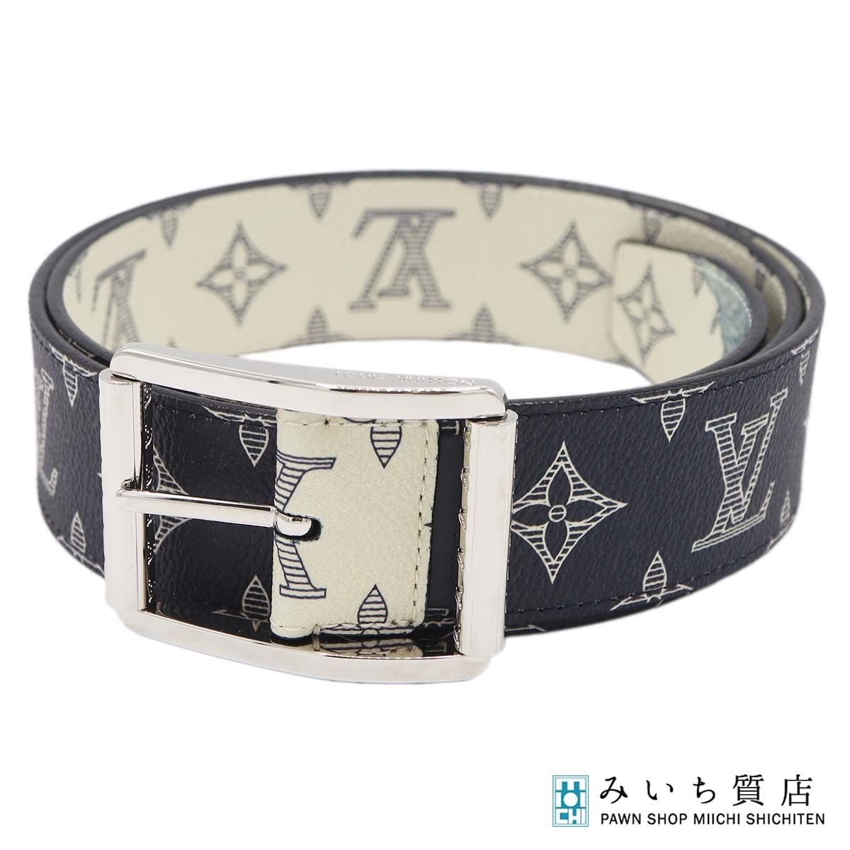 LOUIS VUITTON ルイヴィトン MP010T ベルト チャップマンブラザーズ モノグラムサバンナ サンチュール リヴェルソ 紺×白 袋 J291