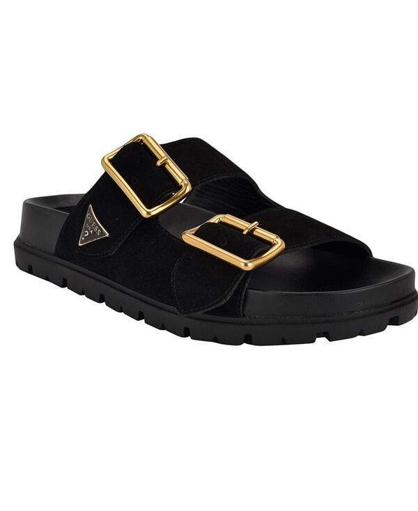 ゲス レディース シューズ サンダル GUESS Womens Fasten SlipOn Sporty Double Band Footbed Sandals Black Suede ブラック