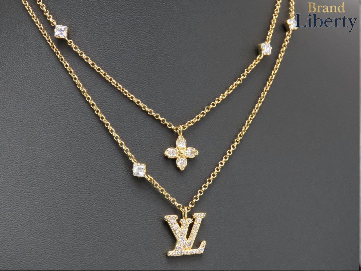 【ほぼ新品】ルイヴィトン LOUIS VUITTON ネックレス レディ LV 2連 ペンダント ゴールド ラインストーン M01845