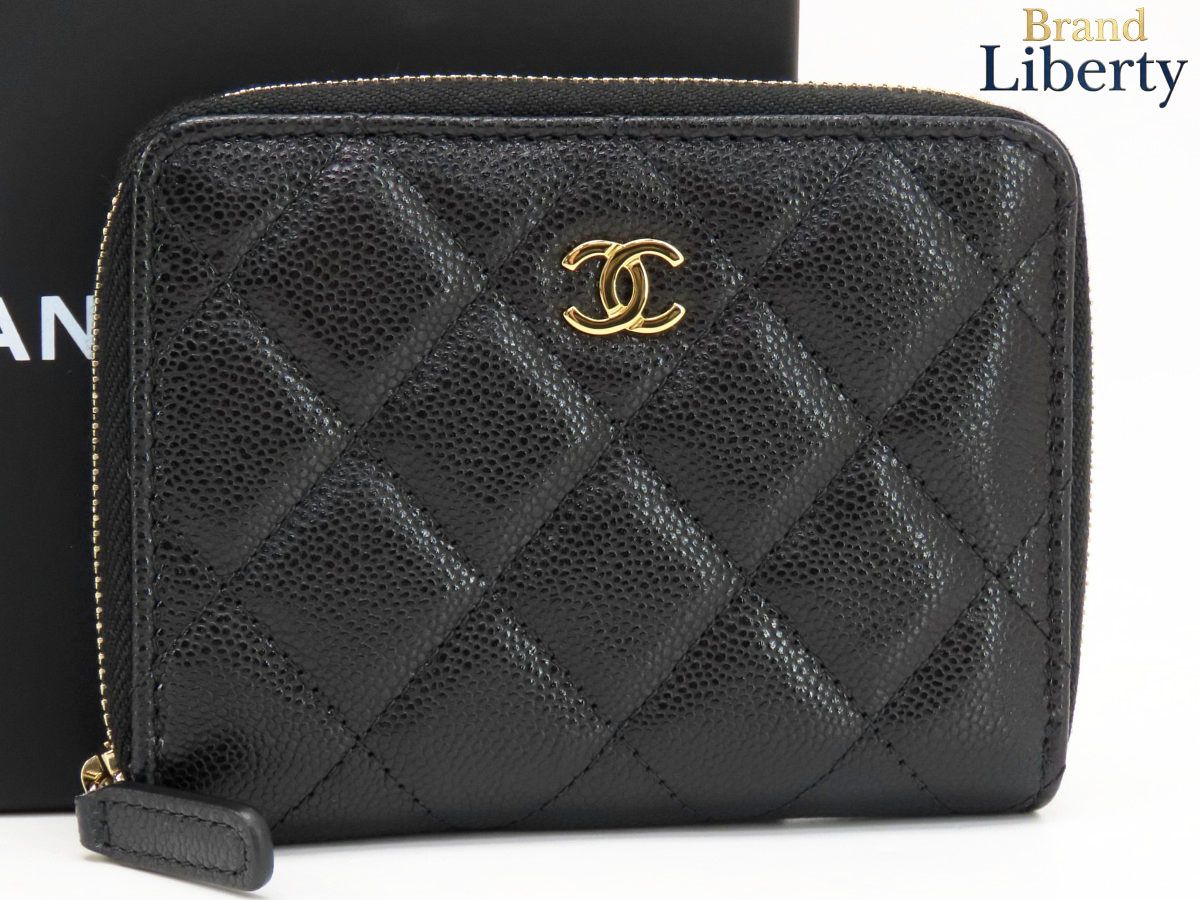 【未使用】シャネル CHANEL マトラッセ ココマーク キャビアスキン タイムレスクラシック スモール ジップ ウォレット コンパクト財布 ブラック ゴールド金具 グレインドカーフスキン AP4652