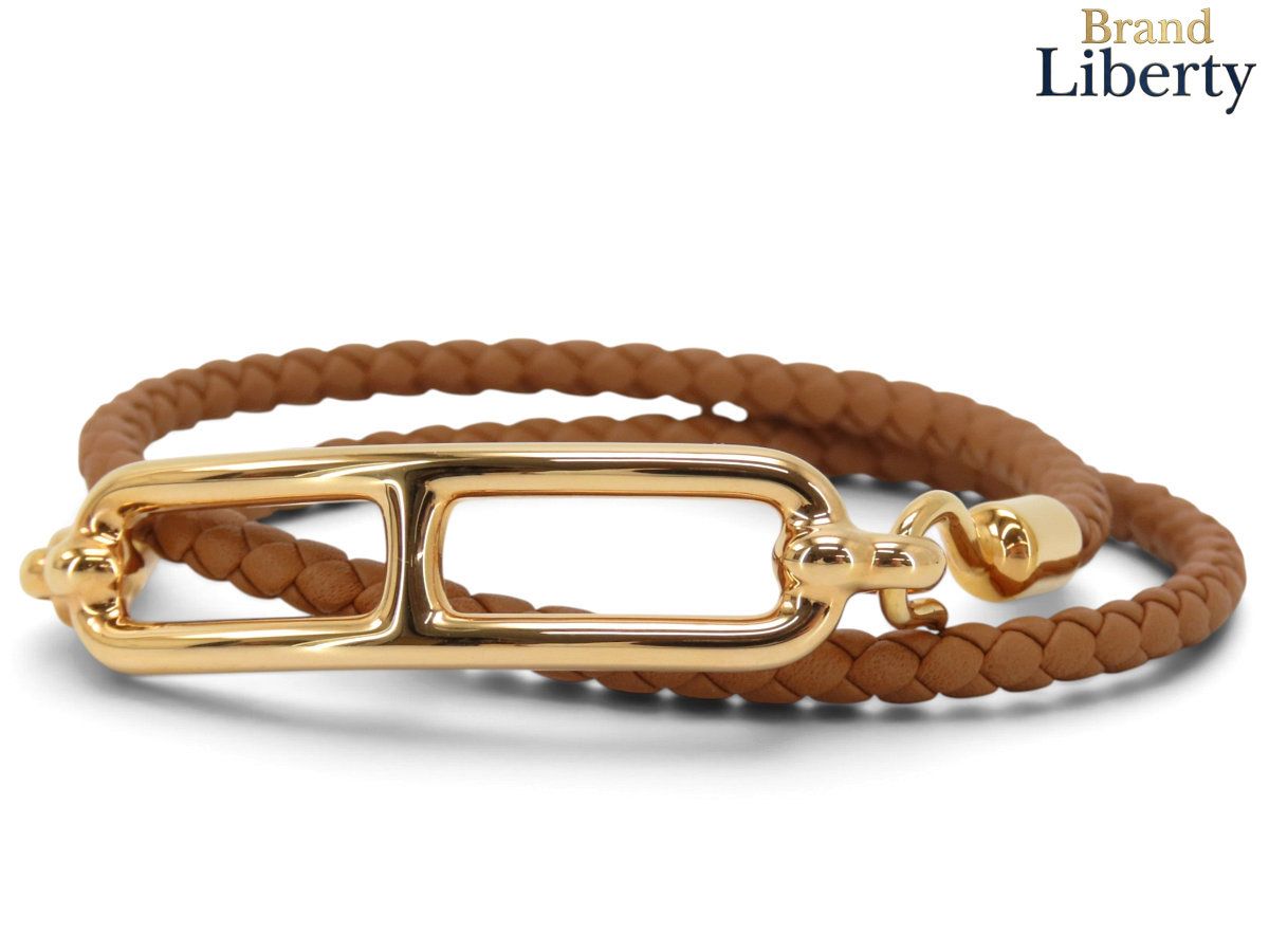 【新古品】エルメス HERMES レザーブレスレット ルリ ドゥブルトゥール ダブルコイル 2連 ブレスレット シェーヌダンクル イントレチャート 編み込み ゴールド ブラウン ピンクゴールド ローズゴールド金具 ヴォースイフト H071727FO37T2