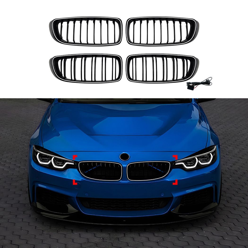 BMW 4シリーズ 4 Series F32 F33 F36 2014-2020対応 LED発光フロントグリル フロントバンパー部装着 ABS シングルライン ダブルライン ブラック仕様 フロントフェイスを引き締める スポーティで上品な外装パーツ ドレスアップ