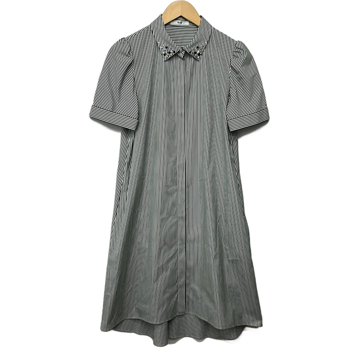 Rene(ルネ) ワンピース サイズ36 S レディース美品 - 白×ダークグレー 半袖/ロング/ストライプ/ビジュー/シャツワンピ
