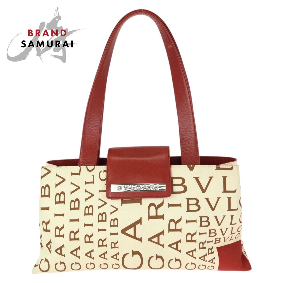 BVLGARI　ブルガリ ロゴマニア レッタレ　トートバッグ A4 肩掛け 総柄 美品 BVLGARI ブルガリ ロゴマニア レッド アイボリー シルバー金具
