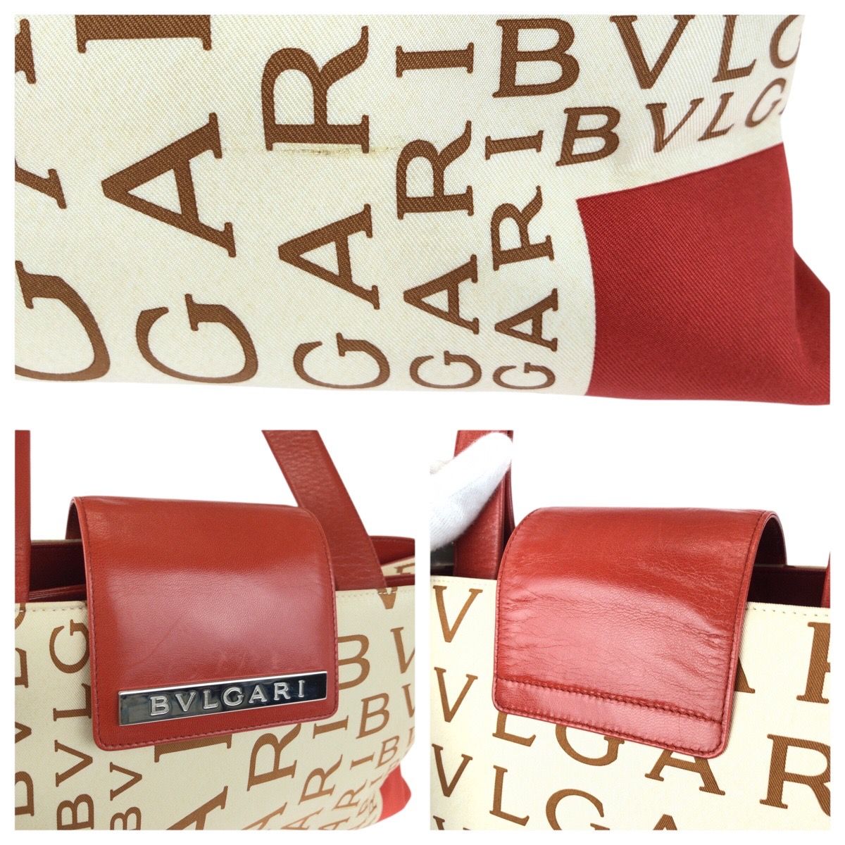 美品 BVLGARI ブルガリ ロゴマニア レッド アイボリー シルバー金具
