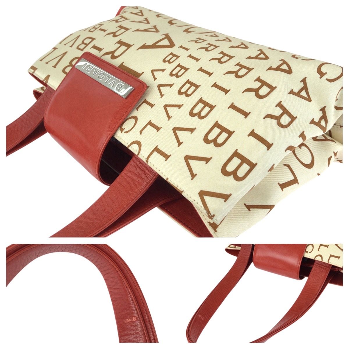 美品 BVLGARI ブルガリ ロゴマニア レッド アイボリー シルバー金具 