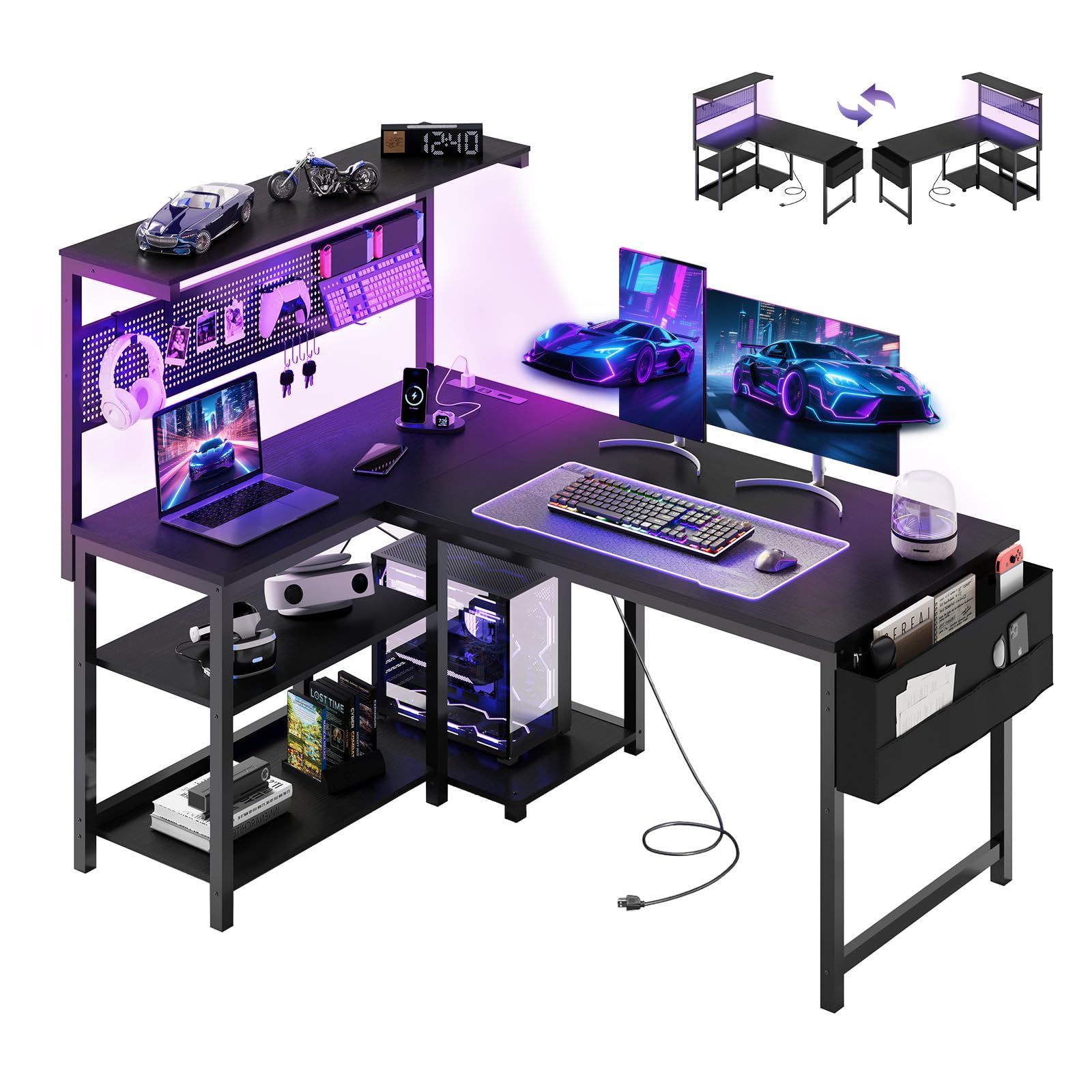 R◆YOUDENOVA ゲーミングデスク L字デスク パソコンデスク 幅120cm ペグボード付き LEDライト 電源コンセント/USBポート付き 左右入れ替え可能 収納ラック/サイドポケット付き PCデスク オフィスデスク ワークデスク 勉 0490631f
